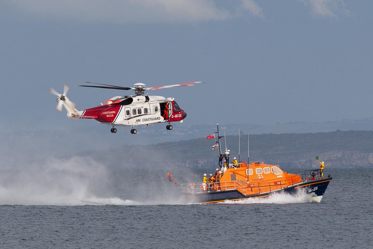 Lifeboat and coastguard helicopter practice exercise