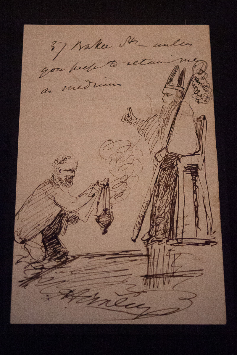 Caricature by Thomas Henry Huxley: German physiologist Prof. Wilhelm Friedrich Kühne “paying his devotions at the Shrine of Dr. Darwin”
