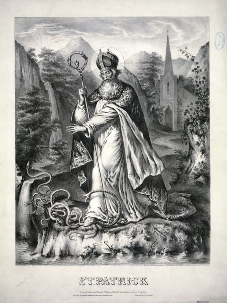 St Patrick driving snakes out of Ireland