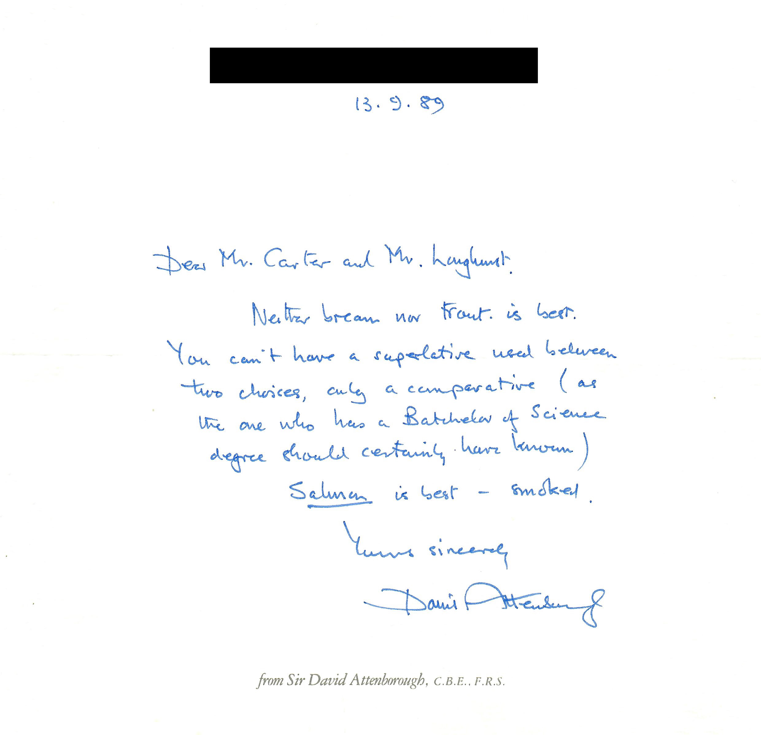 Letter from David Attenborough, 13-Sep-1989