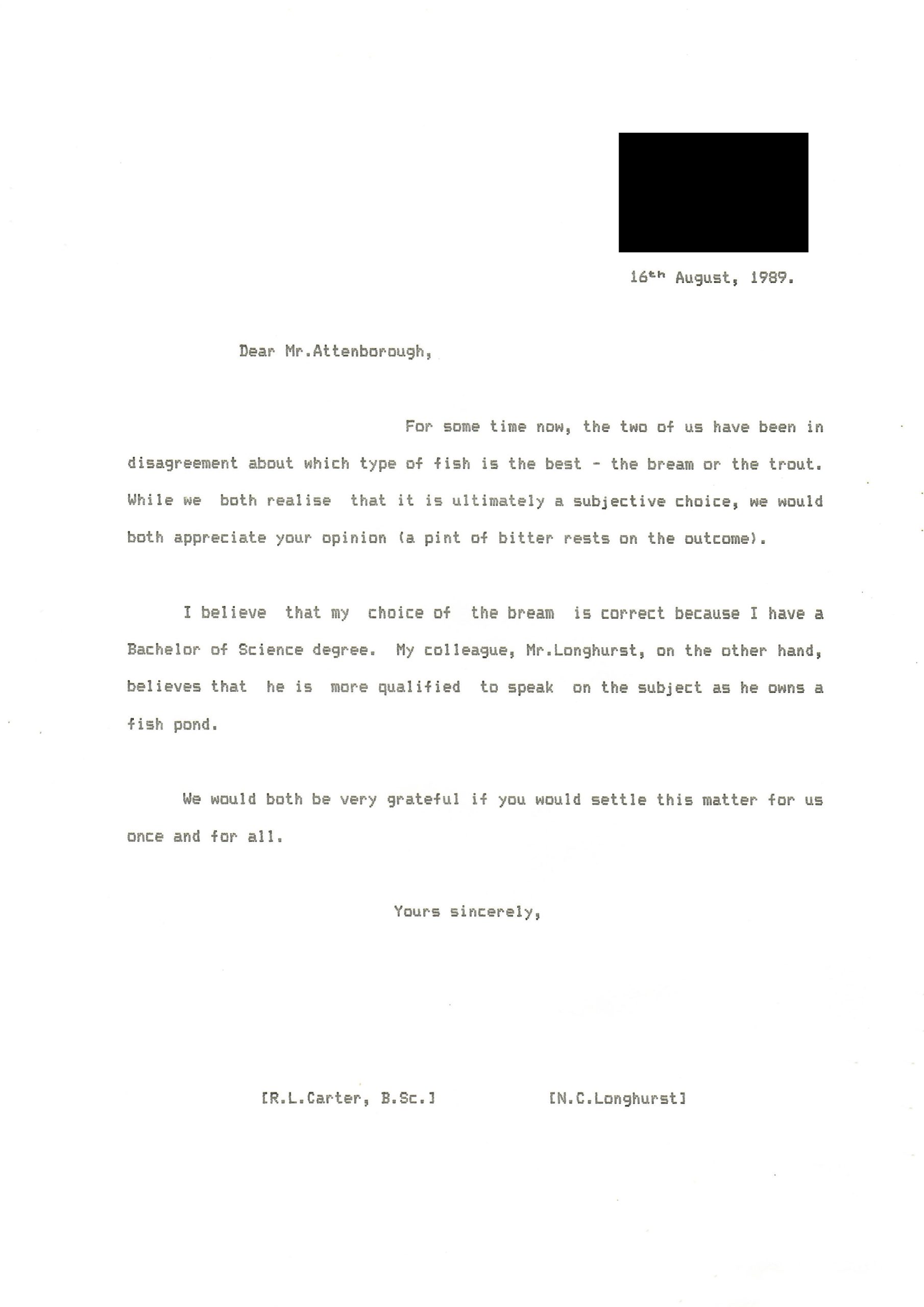 Letter to David Attenborough, 16-Aug-1989